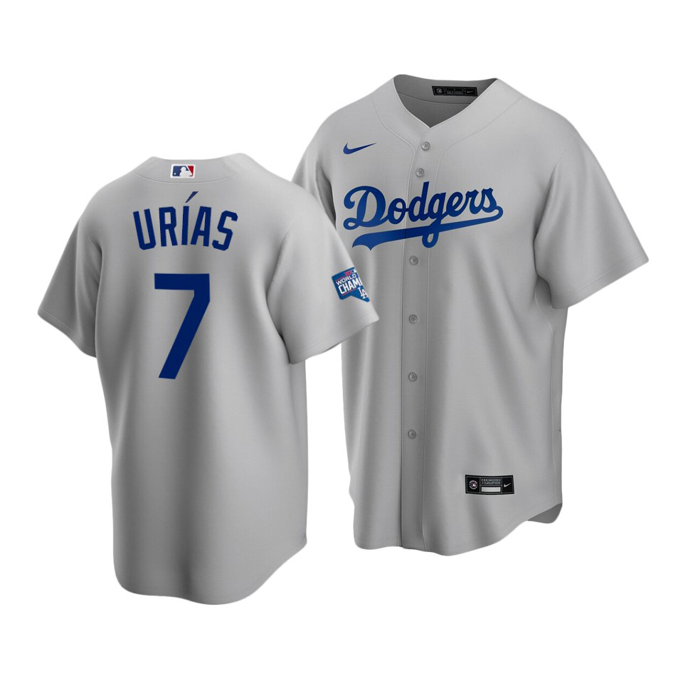 Men's Los Angeles Dodgers #7 Julio Urias Grey 2020 World Series Champions Home Patch Cool Base Stitched MLB Jersey